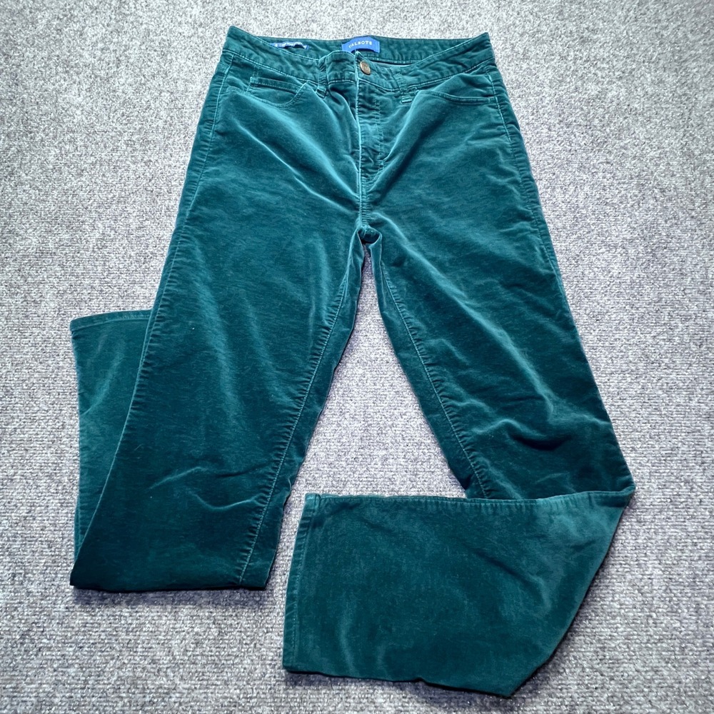 Talbots Emerald Green Velvet High Waist Straight Leg Pants 8 Jewel Tone Cotton